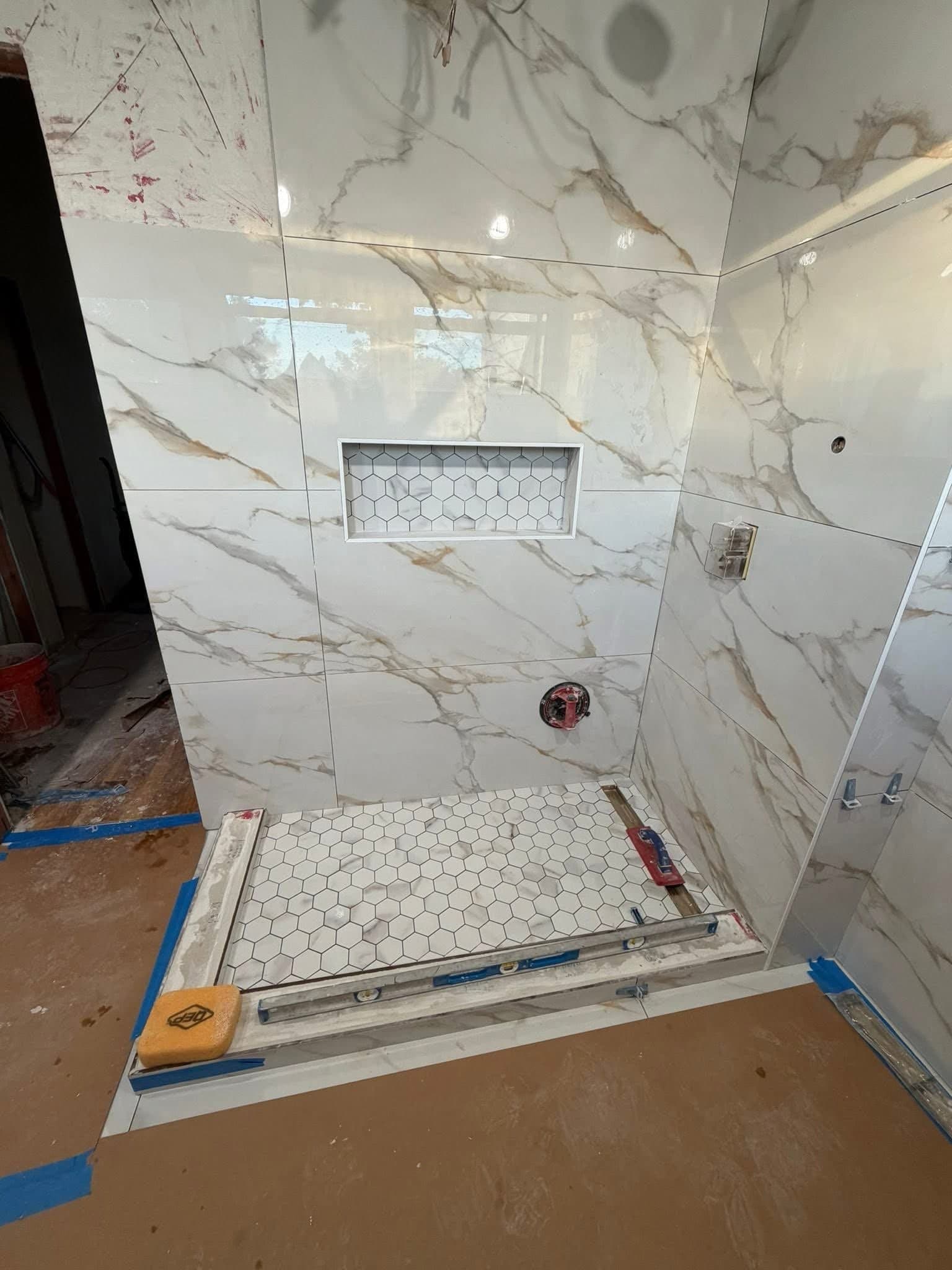Custom Double Shower Niche with LED Prep & Marble Mosaic