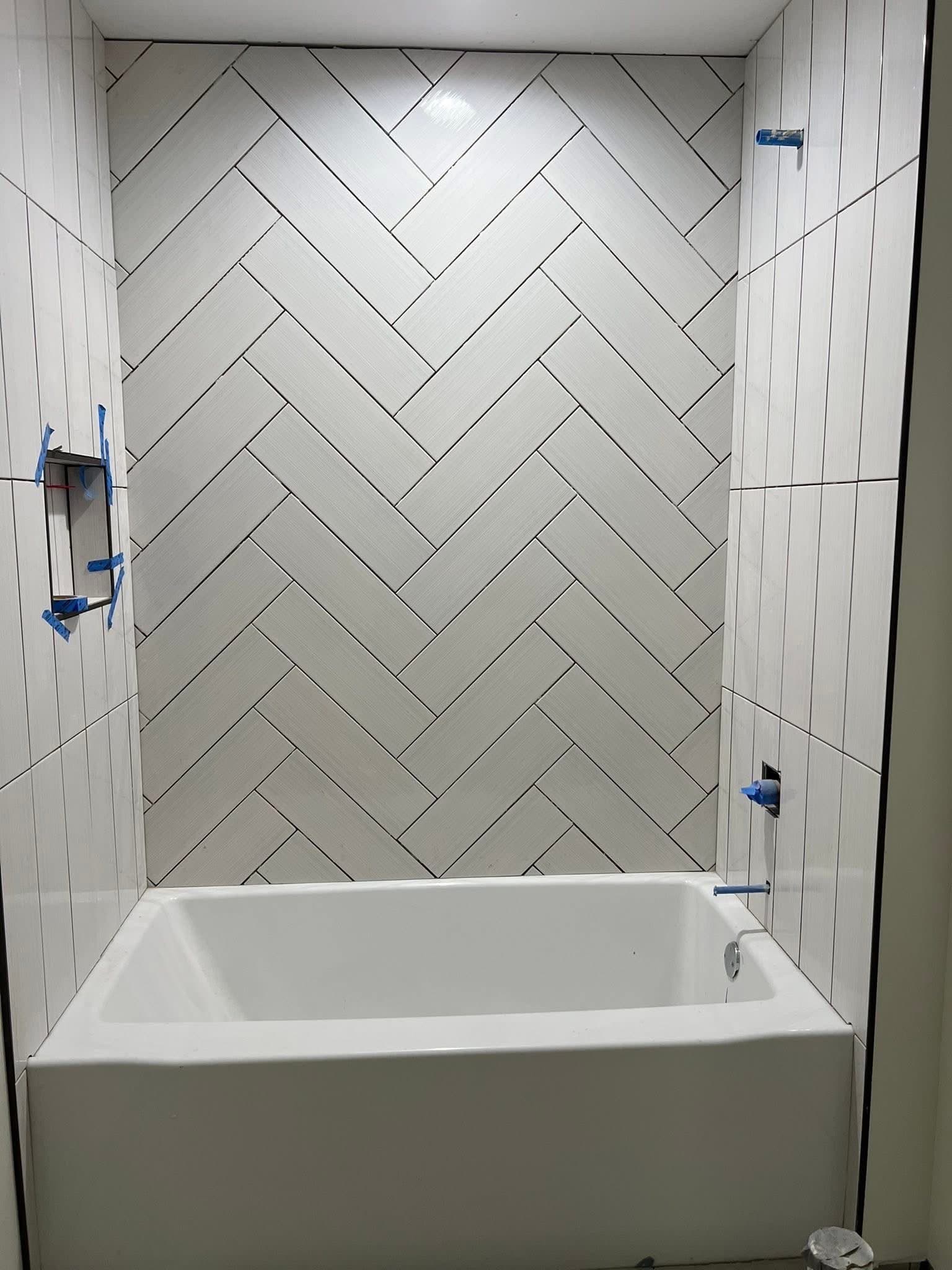 Vertical Stagger Subway Tile & Custom Glass Enclosure