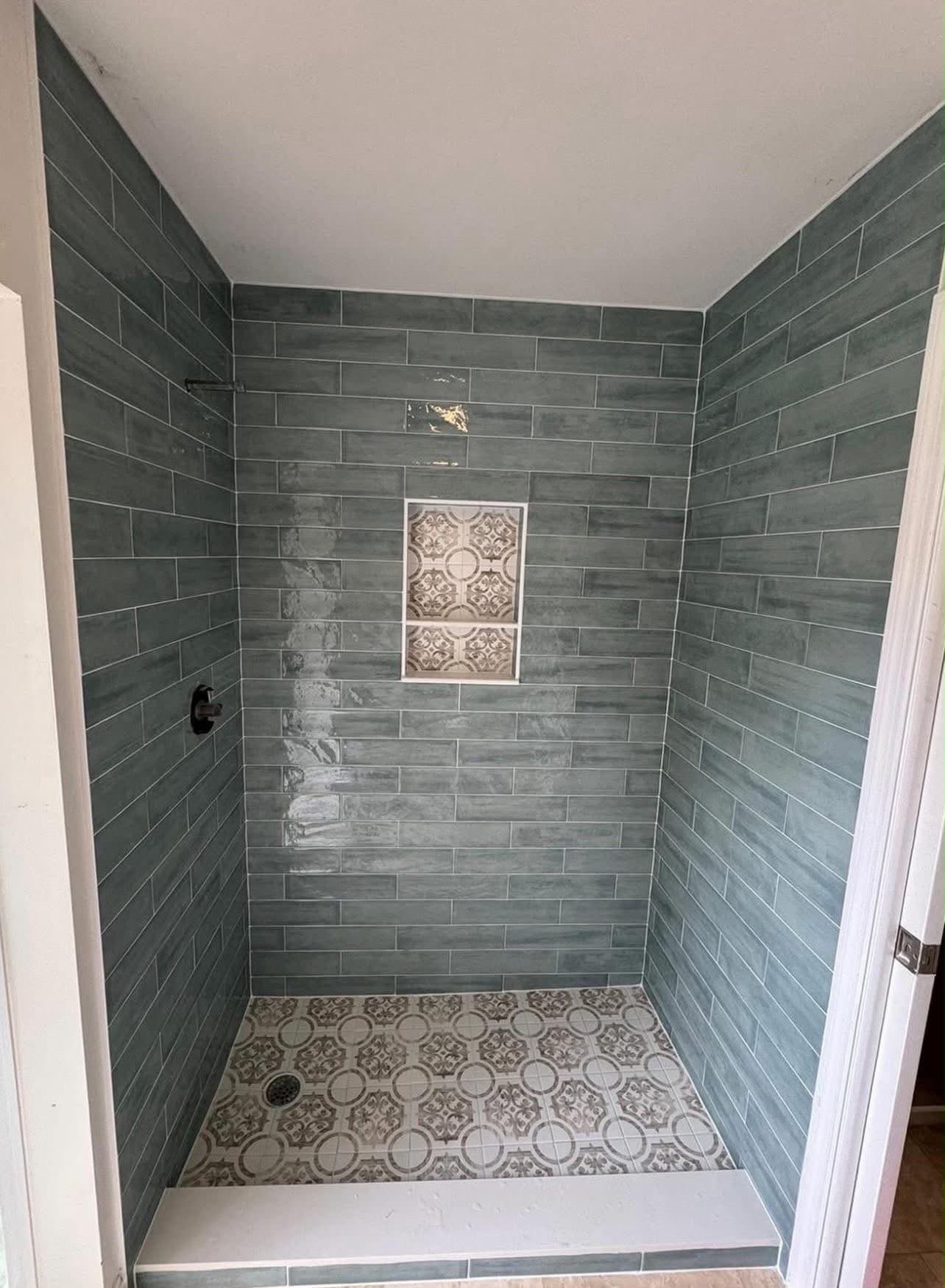 Luxury Herringbone Accent Wall & Floating Bench